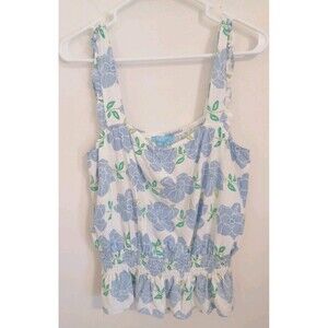 Draper James Floral Ruffle Babydoll Top XL Blue Linen Boho Cottagecore Coquette